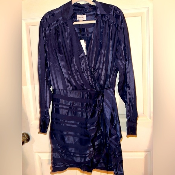 NWT MILLY women’s navy Jordan striped satin faux wrap dress L office formal - Picture 2 of 16